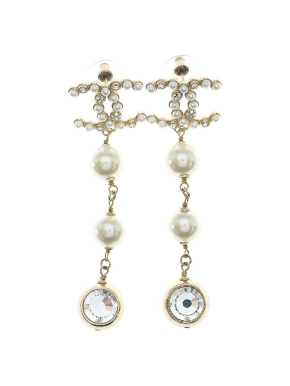 Chanel CC Logo Earrings Strass Chain Drop Pearl Crystal Line Gold